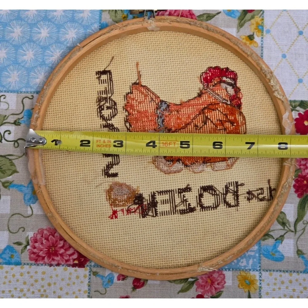 Vintage Chicken Needlepoint Hoop Art  Wall Hanging Hen Sitting On Eggs 8